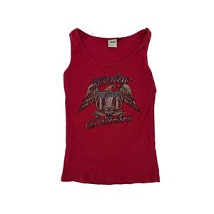 Harley Davidson Womens Red Ribbed Tank Top Rhinestone Eagle Shield Graphic Logo